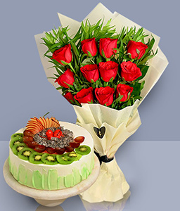 Mix Fruit Cake N Endearing Scarlet Roses