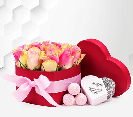 Valentine Pink Heart Box - Roses & Truffle Chocolates | Valentine's Day ...