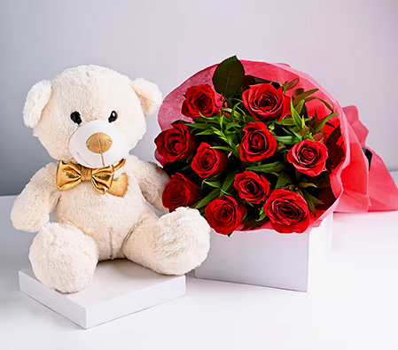 Teddy Love With Red Roses Bouquet